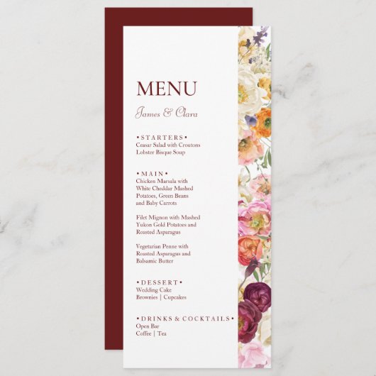 SIERLIJKE Blooms Bruiloft Menu (Voorkant / Achterkant)