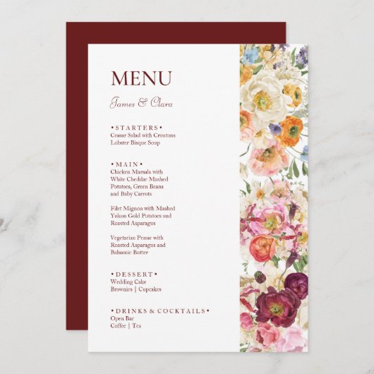 SIERLIJKE Blooms Bruiloft Menu (Voorkant / Achterkant)