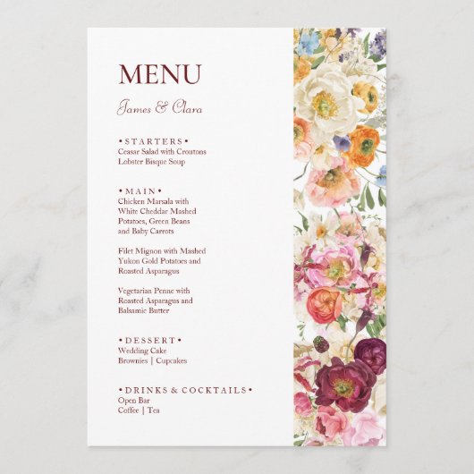 SIERLIJKE Blooms Bruiloft Menu (Voorkant)