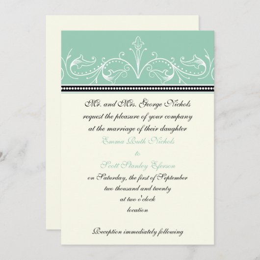 Sierlijke border jade, ivoren bruiloft kaart (Voorkant / Achterkant)