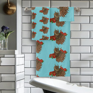 Sierlijke bruine decoratieve uil rode rozen blauw bad handdoek