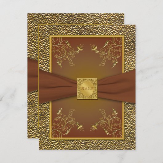 Sierlijke bruine en gouden RSVP kaart (Voorkant / Achterkant)