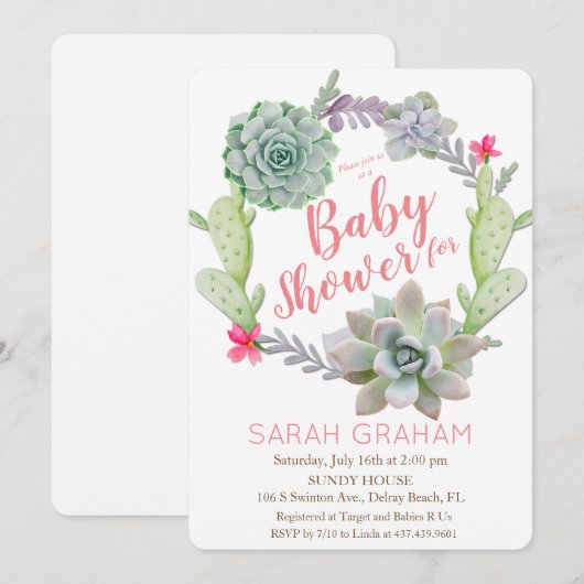 Sierlijke Cactuskrans Baby Shower Uitnodiging (Voorkant / Achterkant)