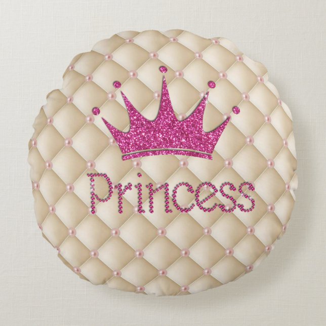 Sierlijke Chic Parels, Tiara, Prinses, Glitterend Rond Kussen (Voorkant)