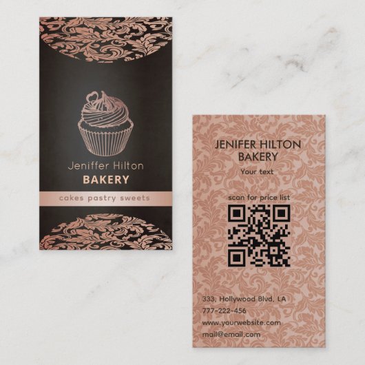  sierlijke cupcake damask bakkerij QR code Visitekaartje (Voorkant / Achterkant)
