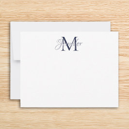 Sierlijke Damast Middenblauw en Grijs Monogram Notitiekaartje