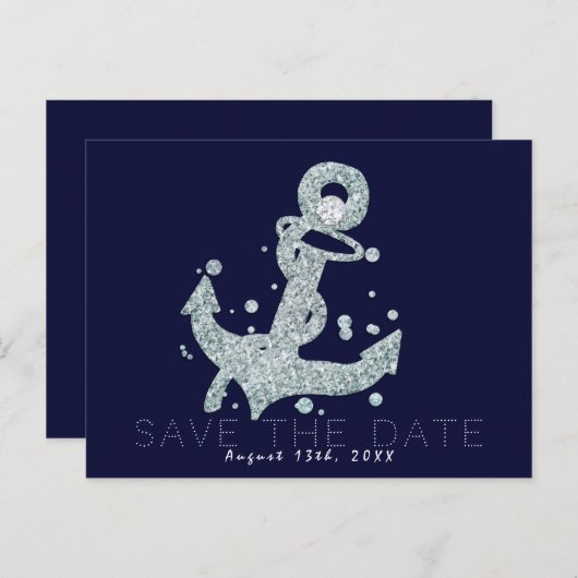 Sierlijke Diamanten Anker Bling Glam Save the Date Aankondigingskaart (Voorkant / Achterkant)