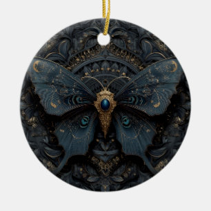 Sierlijke donkerblauwe vlinder met gouden filigraa keramisch ornament