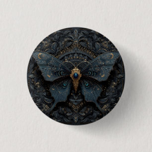 Sierlijke donkerblauwe vlinder met gouden filigraa ronde button 3,2 cm