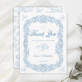 Sierlijke Dusty Blue Baroque Lijst Baby shower Bedankkaart