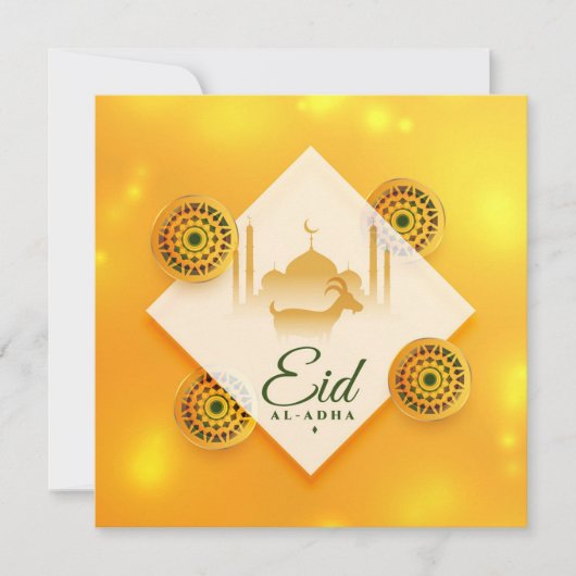 Sierlijke Eid ul Adha Mubarak Geit Moskee Geel Feestdagenkaart (Voorkant)