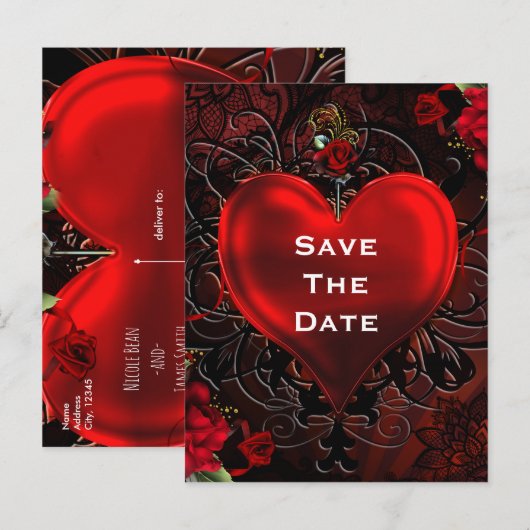 Sierlijke Elegante Bloemen Hart Zwart & Rood Party Aankondigingskaart (Voorkant / Achterkant)