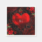Sierlijke Elegante Bloemen Hart Zwart & Rood Party Servetten (Voorkant)