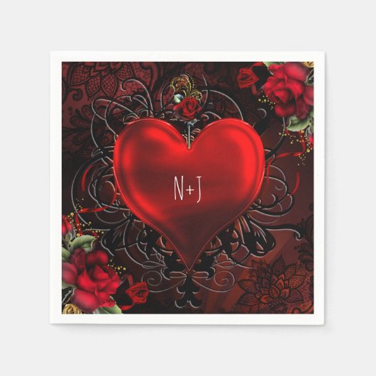 Sierlijke Elegante Bloemen Hart Zwart & Rood Party Servetten (Voorkant)
