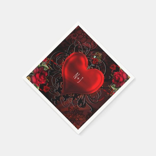 Sierlijke Elegante Bloemen Hart Zwart & Rood Party Servetten (Hoek)