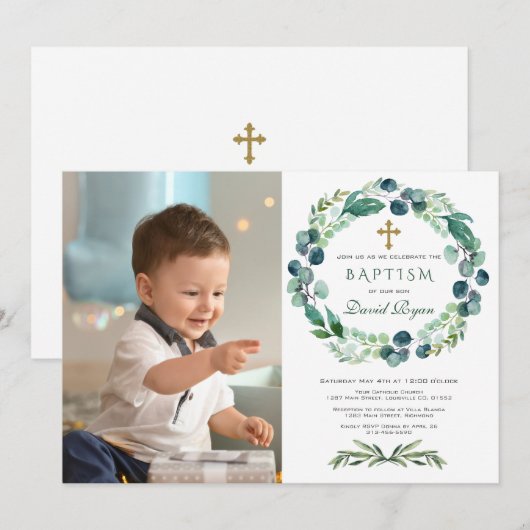 Sierlijke eucalyptusbladkrans jongensfoto doop kaart (Voorkant / Achterkant)