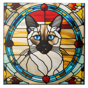 Sierlijke glas-in-lood tegel met Siamees poes deco Tegeltje