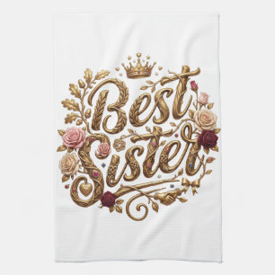 Sierlijke Gouden Beste Zus Calligrafie Ontwerp Theedoek