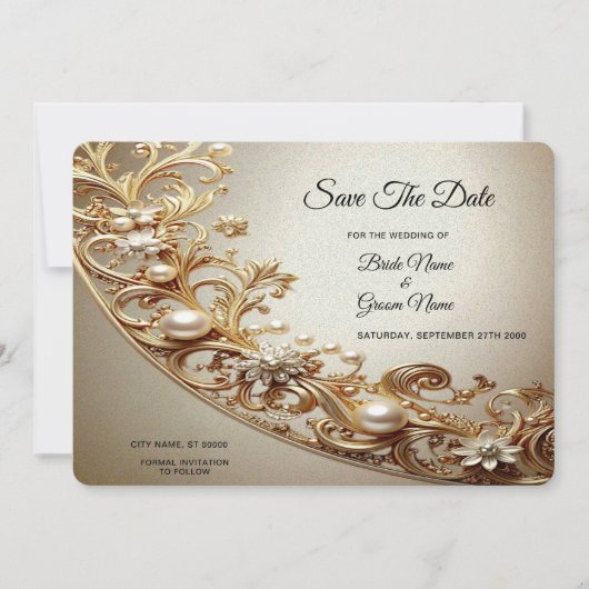 Sierlijke Gouden Bloem Save The Date (Voorkant)