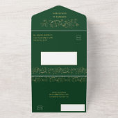 Sierlijke gouden bloemslingers op donkergroene tro all in one uitnodiging (Buitenkant)