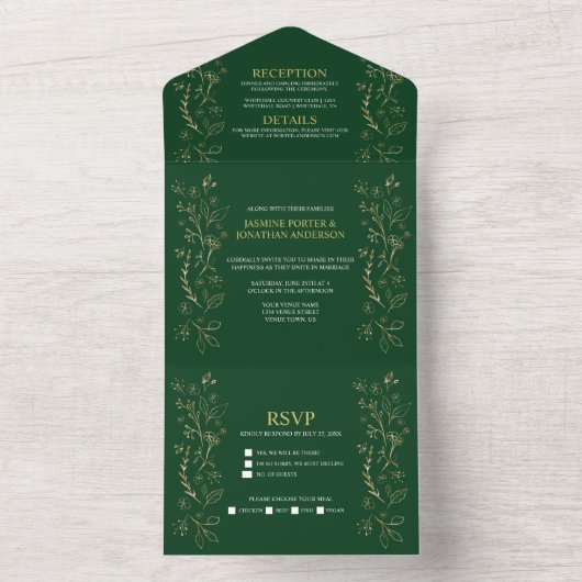 Sierlijke gouden bloemslingers op donkergroene tro all in one uitnodiging (Binnen)