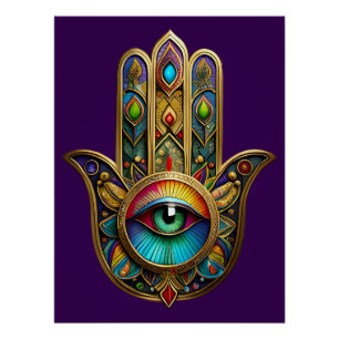 Sierlijke Gouden Kleurrijke Hamsa Groen op Rode De Perfect Poster