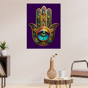 Sierlijke gouden kleurrijke Hamsa groen op rode de Poster