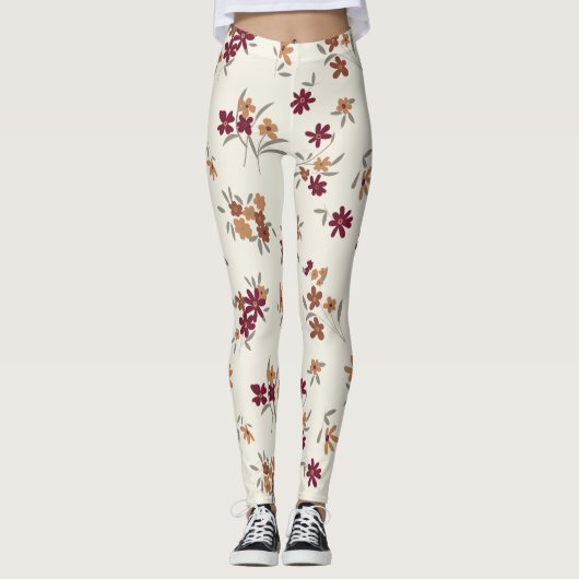 Sierlijke gouden maroon bloemenpatroon leggings (Voorkant)