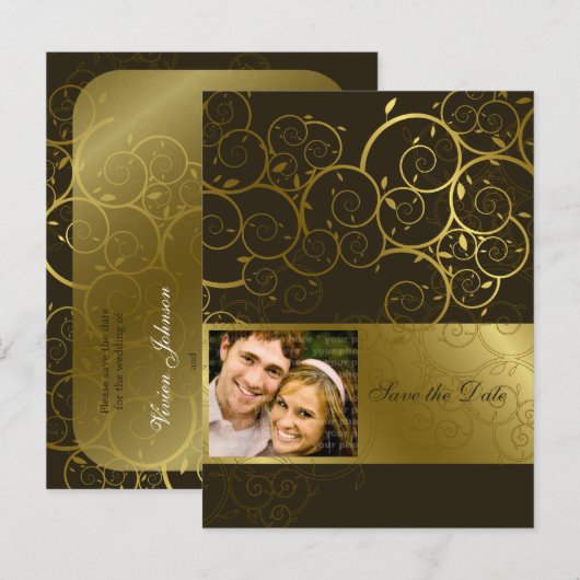 Sierlijke gouden spiraal wijnstok Save the Date Br Aankondigingskaart (Voorkant / Achterkant)