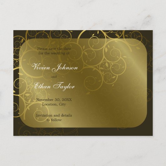 Sierlijke gouden spiraal wijnstok Save the Date Br Aankondigingskaart (Achterkant)