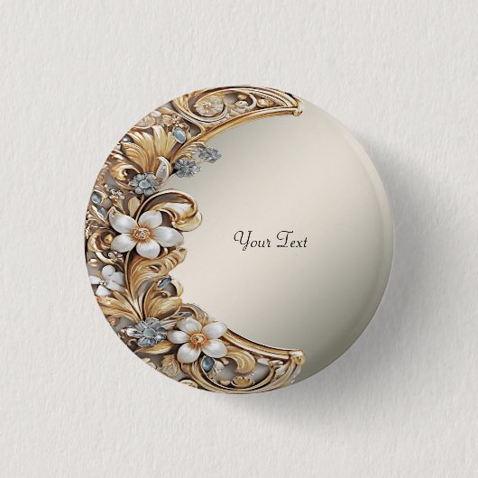 Sierlijke gouden witte bloemknop ronde button 3,2 cm (Voorkant)