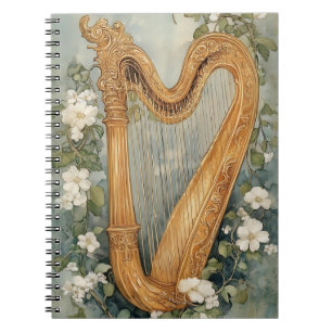 sierlijke harp omringd door witte bloemen notitieboek