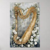 sierlijke harp omringd door witte bloemen poster (Voorkant)