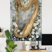 sierlijke harp omringd door witte bloemen poster (Thuiskantoor)