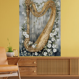 sierlijke harp omringd door witte bloemen poster