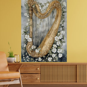 sierlijke harp omringd door witte bloemen poster