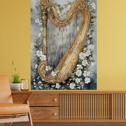 sierlijke harp omringd door witte bloemen poster (Woonkamer 2)