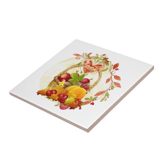 Sierlijke herfst-oogstmand keramiek tegel tegeltje (Zijkant)