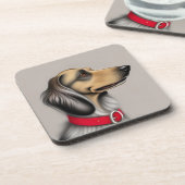 Sierlijke hond met rode halsband geposeerd zijwaar bier onderzetter (Linkerzijde)