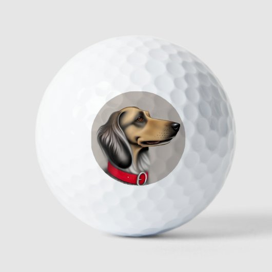 Sierlijke hond met rode halsband geposeerd zijwaar golfballen (Voorkant)