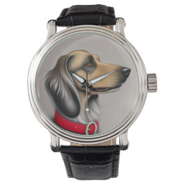 Sierlijke hond met rode halsband geposeerd zijwaar horloge