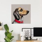 Sierlijke hond met rode halsband geposeerd zijwaar poster (Thuiskantoor)