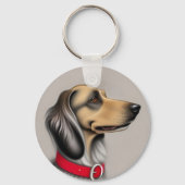 Sierlijke hond met rode halsband geposeerd zijwaar sleutelhanger (Achterkant)