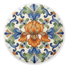 Sierlijke Iris Bloem Blauw Oranje Groen Bloemmotie Keramische Knop