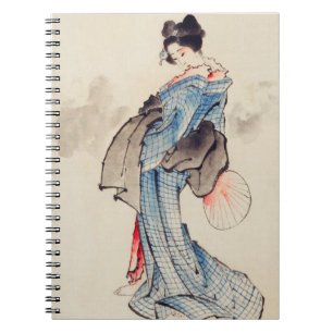 Sierlijke Japanse vrouw in blauwe kimono kunst Notitieboek