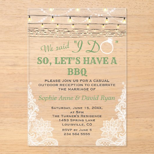 Sierlijke kant slingerlichten na I Do BBQ Acryl Uitnodigingen (Voorkant)