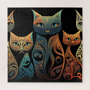 Sierlijke katten in turquoise oranje en gouden lij legpuzzel