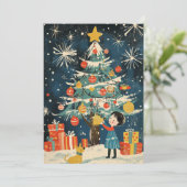 Sierlijke kind versiert kerstboom hond feestdagenkaart (Staand voorkant)