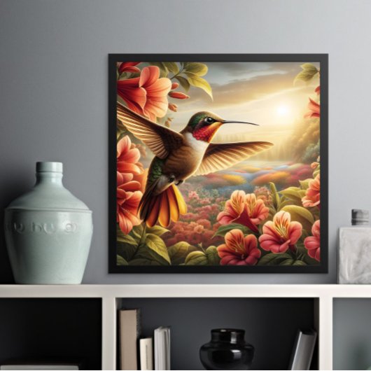 Sierlijke kolibrie zweeft boven bloeiende bloem poster