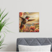 Sierlijke kolibrie zweeft boven bloeiende bloem poster